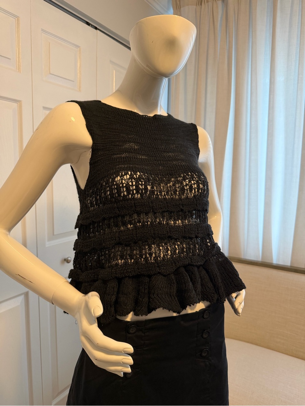 Black Knit Peplum Tank Top with Open Weave